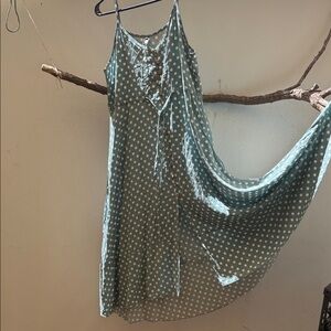 Sage Polka Dot Midi Slip Dress with Button & Tie Front
